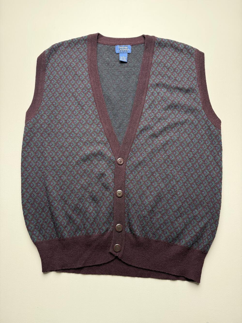 Vintage Cambridge Classics Sweater Vest Mens Large Brown Geometric Knit Pattern
